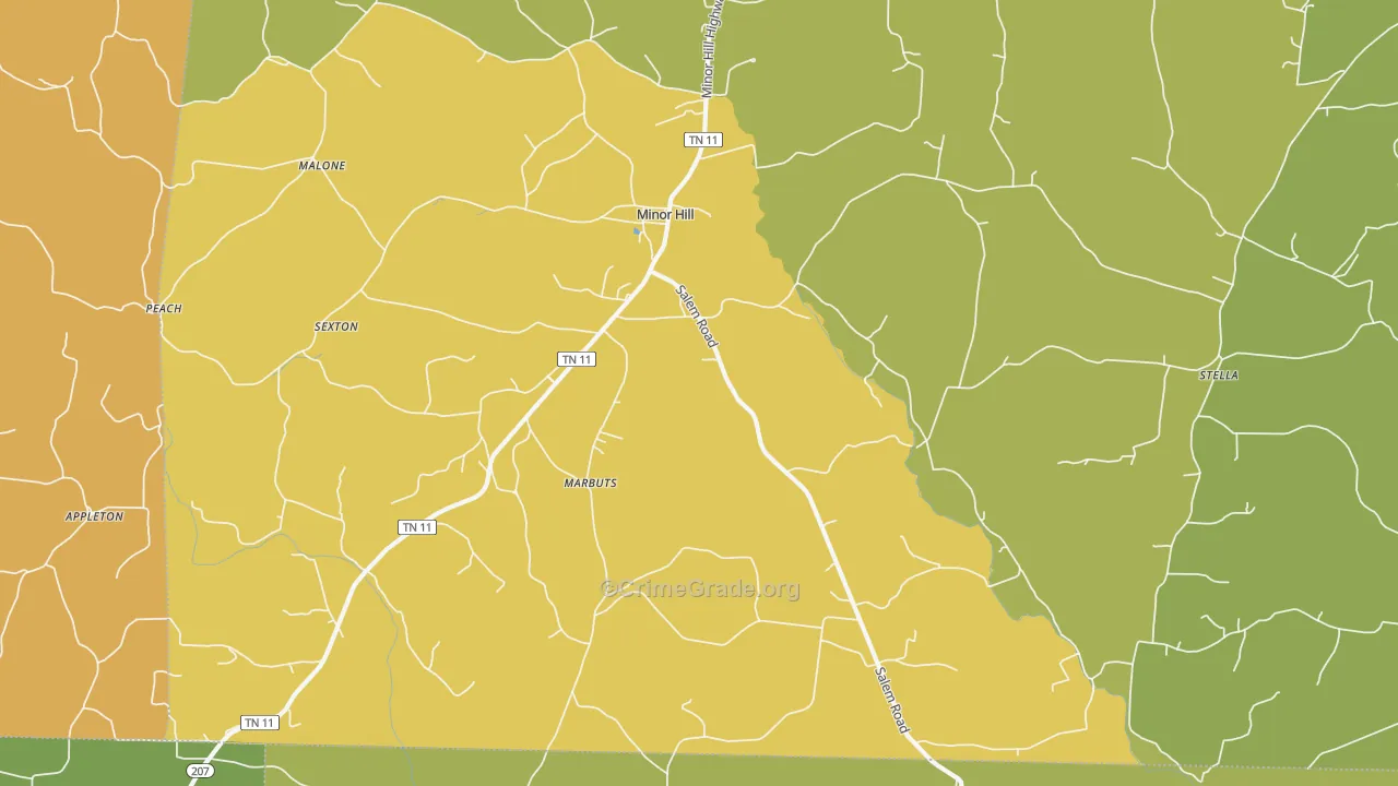 Minor Hill, TN Map of Burglary Rates