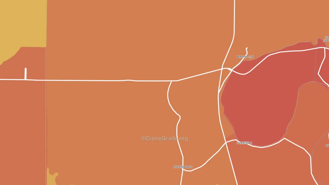 Minter City, MS Map of Burglary Rates