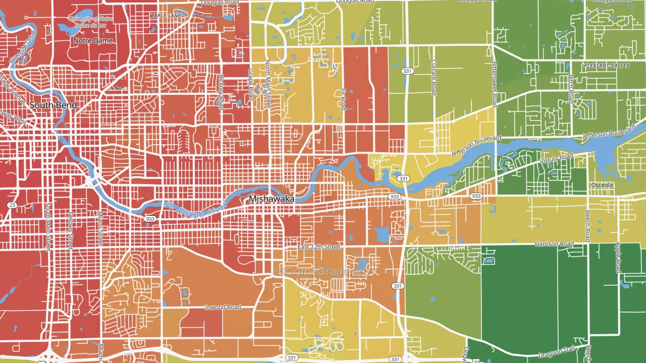Mishawaka, IN Map of Burglary Rates