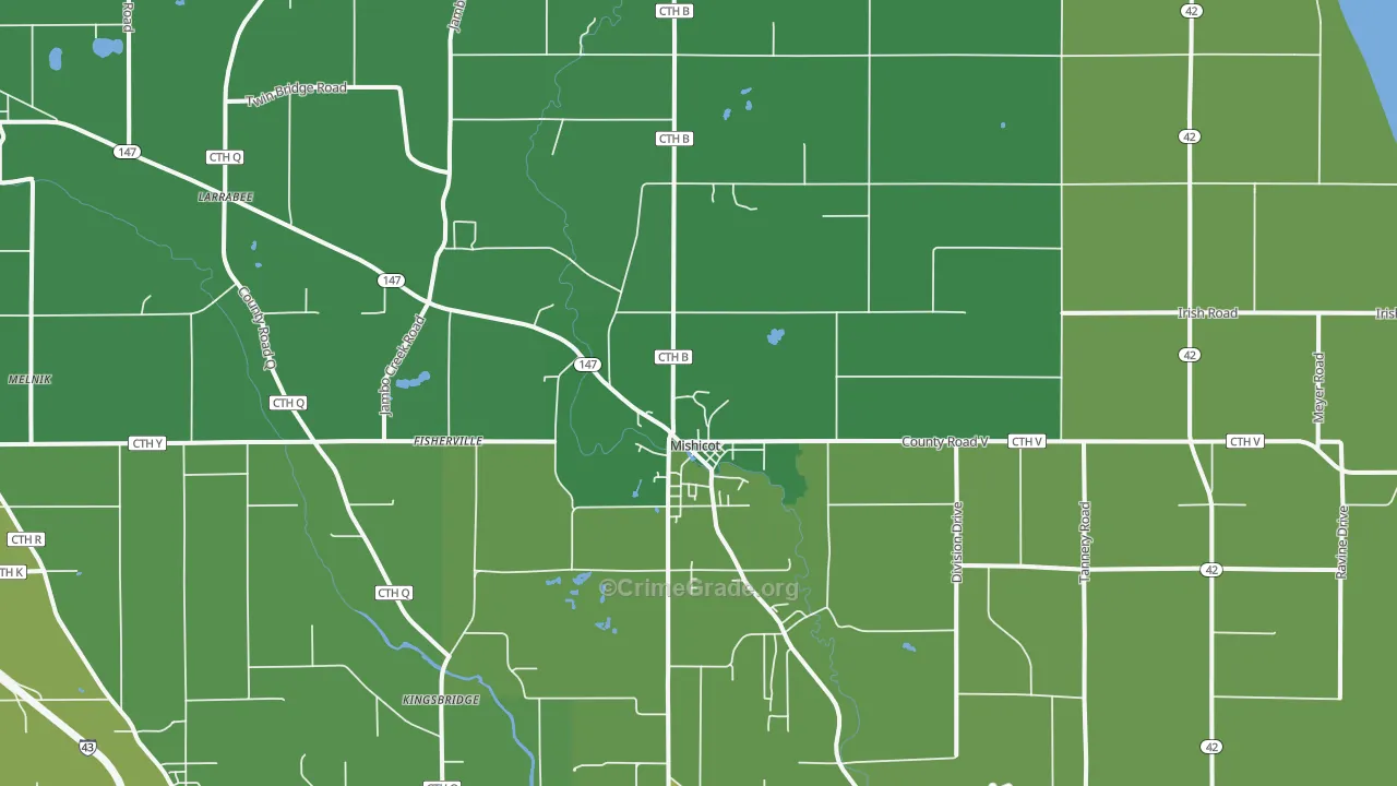 Mishicot, WI Map of Burglary Rates