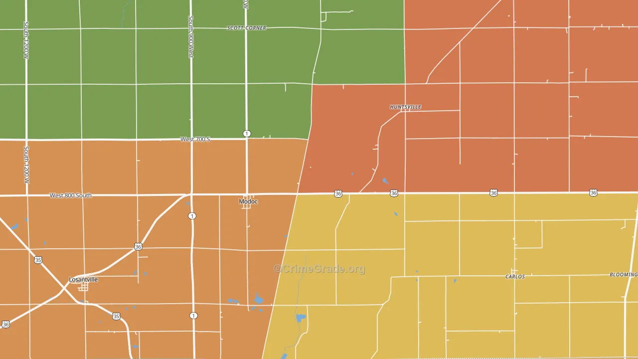 Modoc, IN Map of Burglary Rates