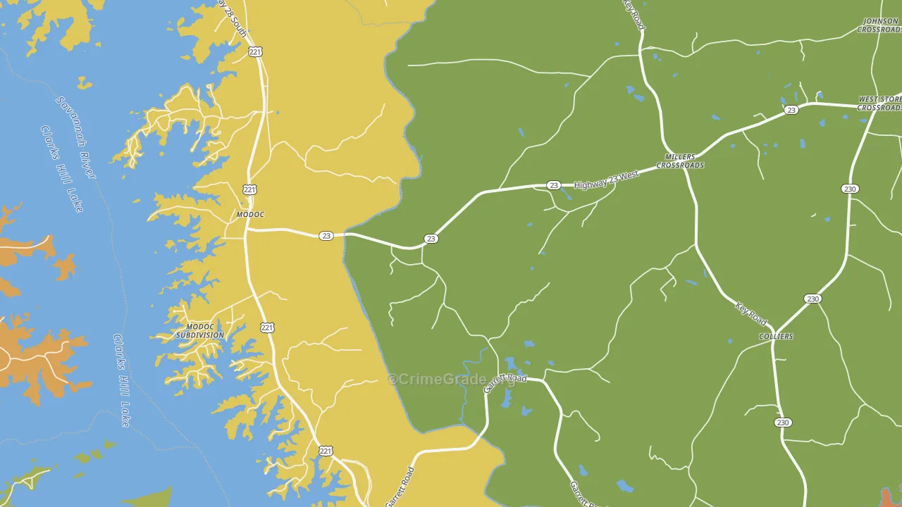 Modoc, SC Map of Burglary Rates