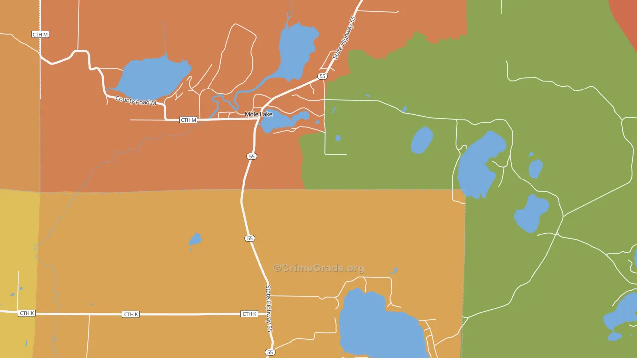 Mole Lake, WI Map of Burglary Rates