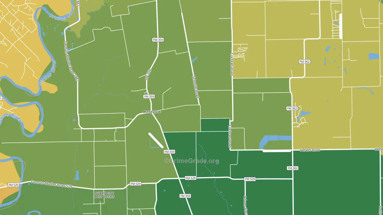 Monaville, TX Map of Burglary Rates