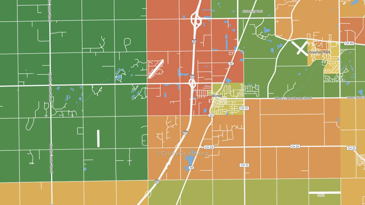 Monee, IL Map of Burglary Rates