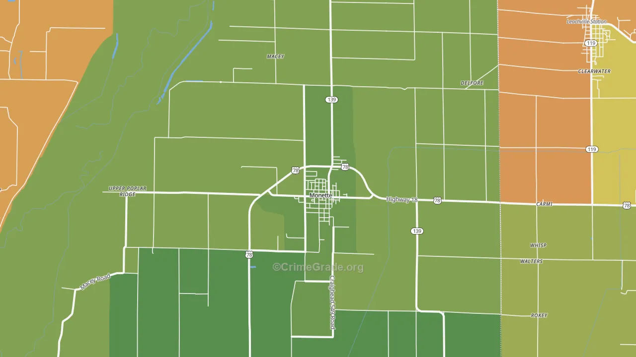 Monette, AR Map of Burglary Rates