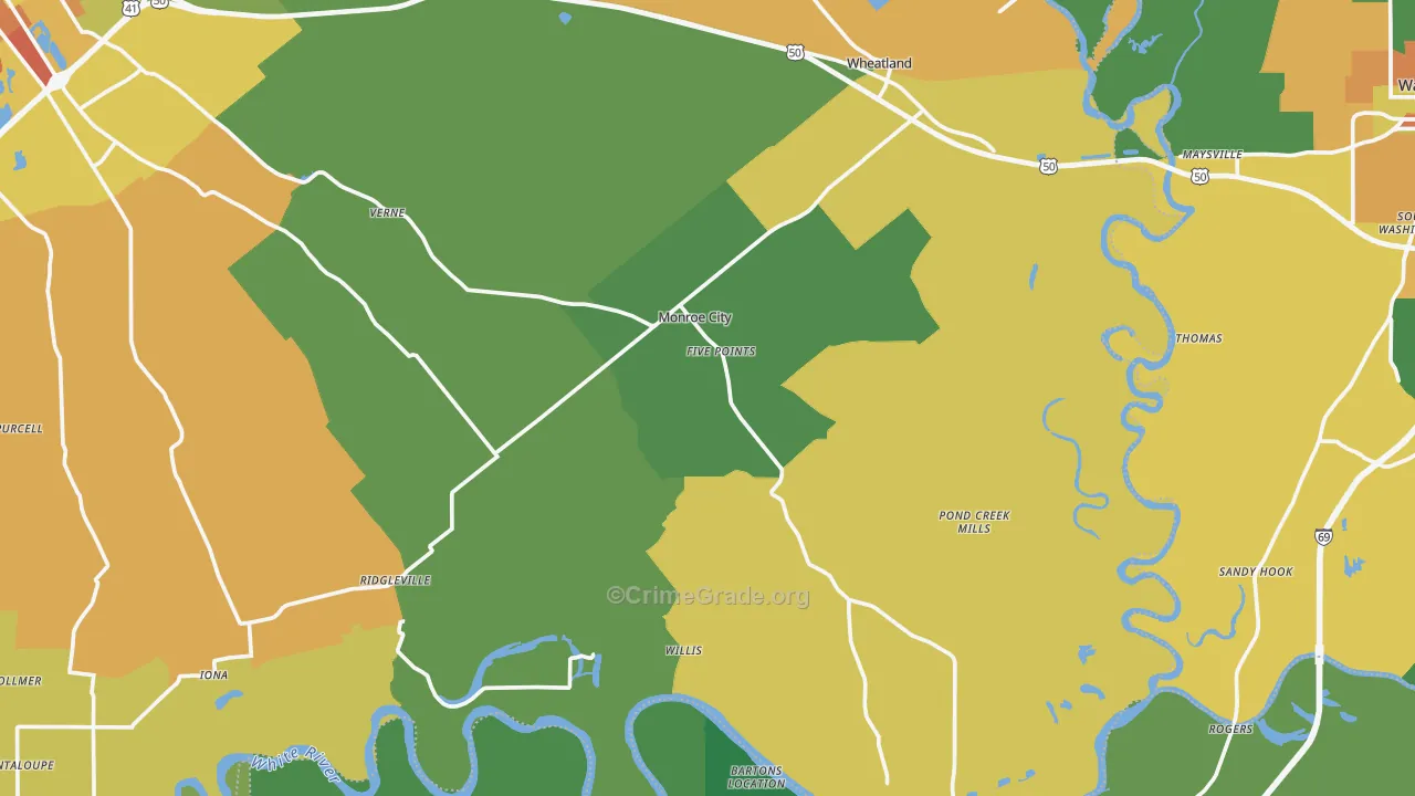 Monroe City, IN Map of Burglary Rates