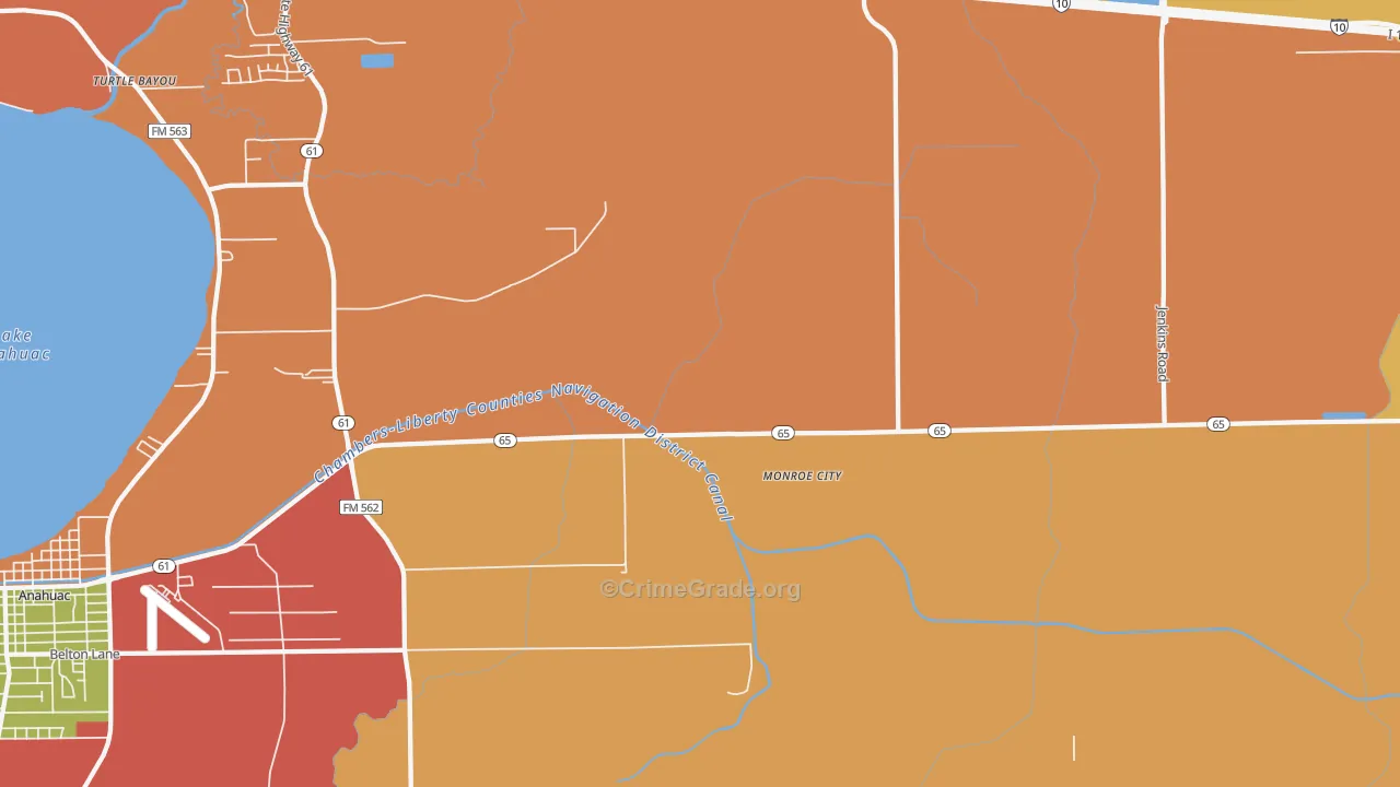 Monroe City, TX Map of Burglary Rates