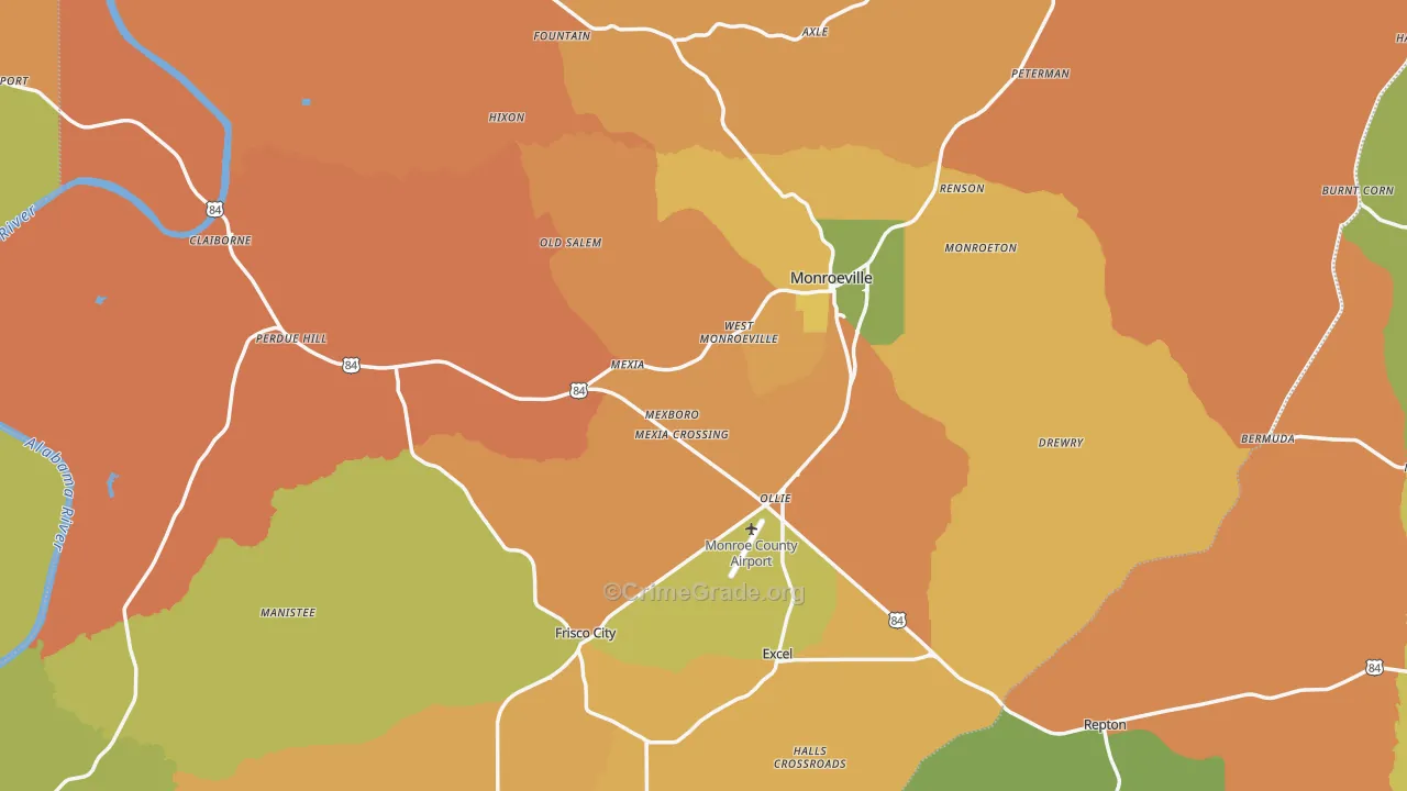 Monroe County, AL Map of Burglary Rates