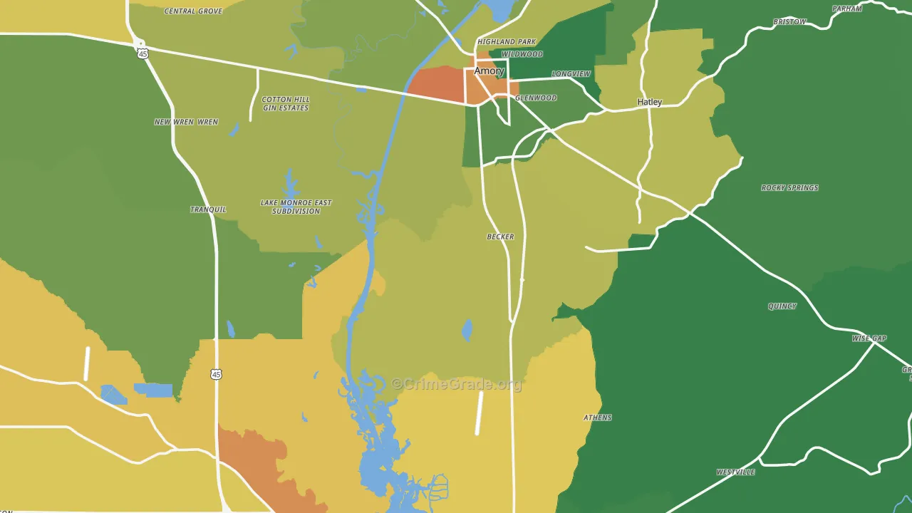 Monroe County, MS Map of Burglary Rates