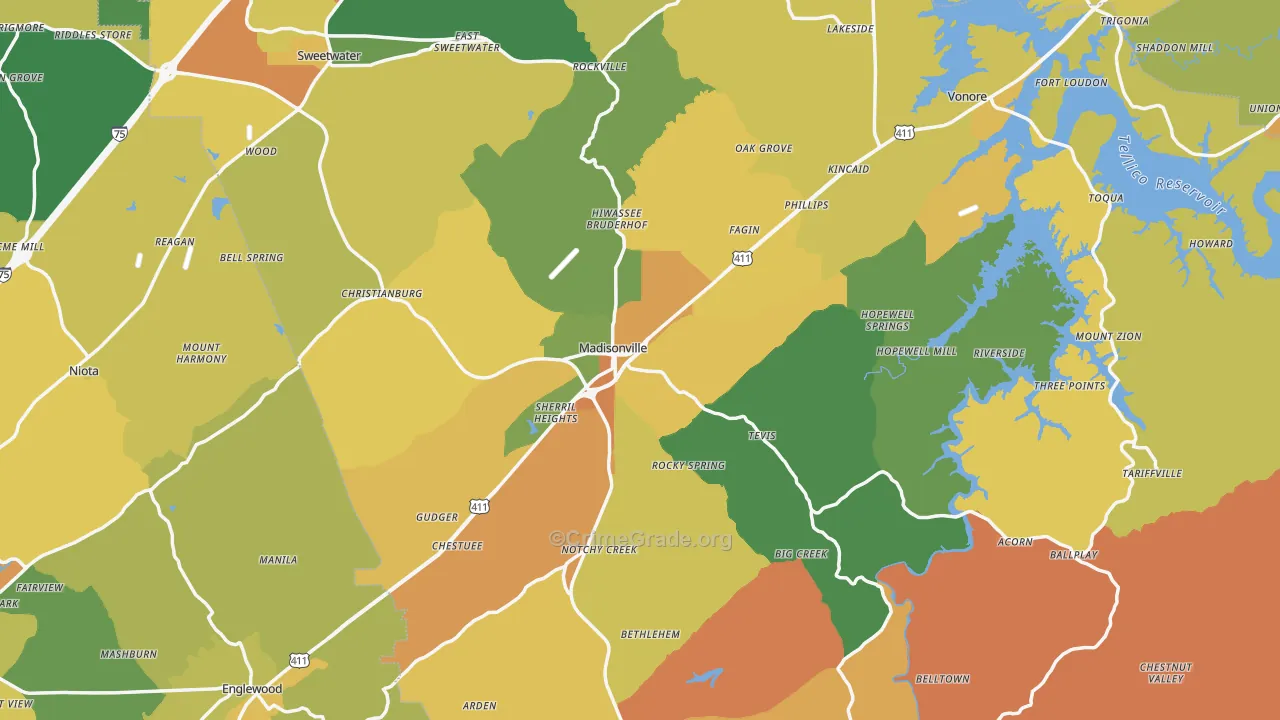 Monroe County, TN Map of Burglary Rates