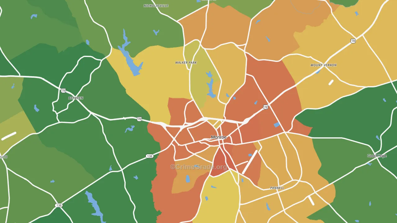 Monroe, GA Map of Burglary Rates