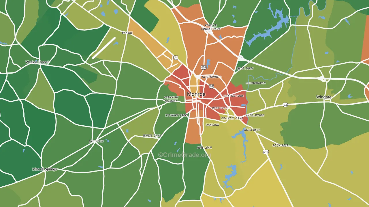 Monroe, NC Map of Burglary Rates