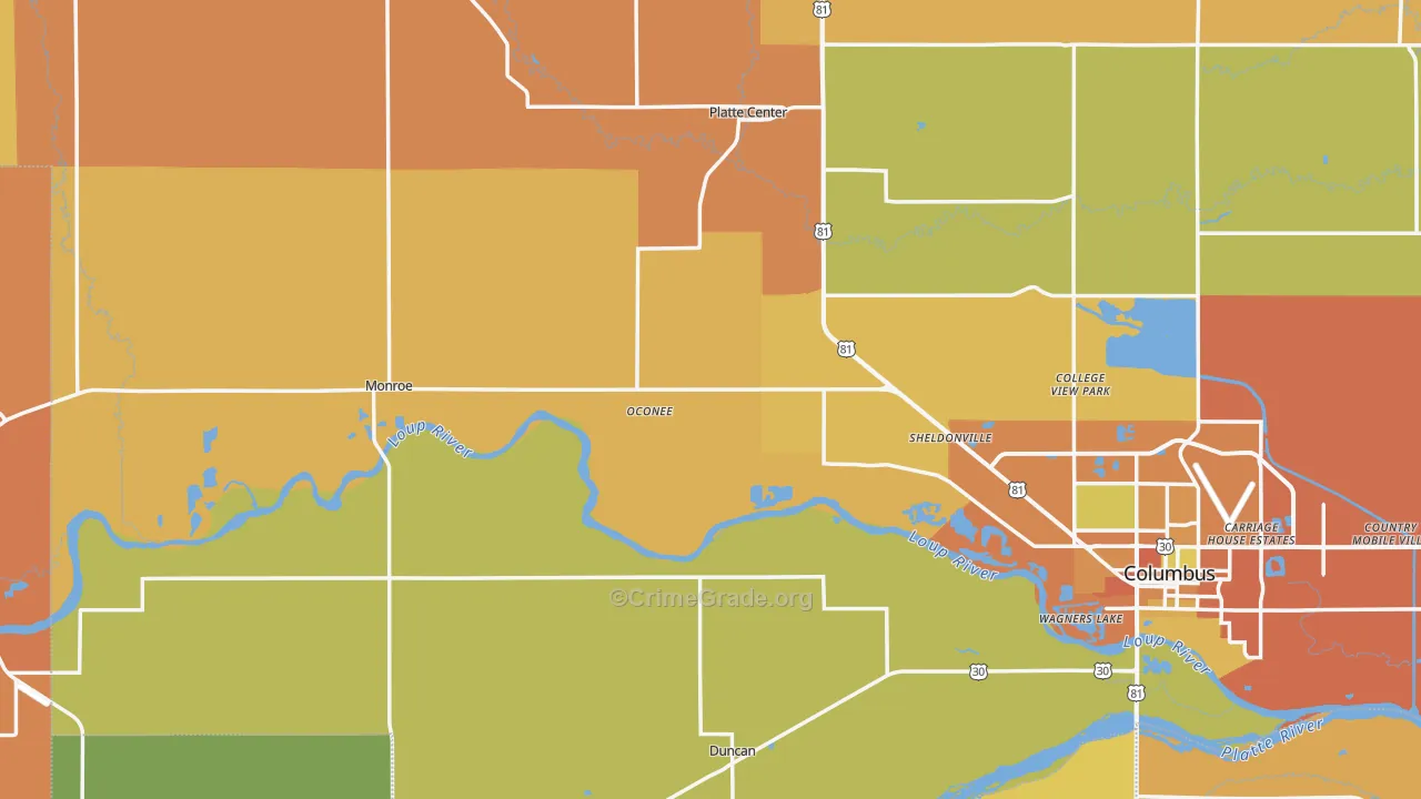 Monroe, NE Map of Burglary Rates