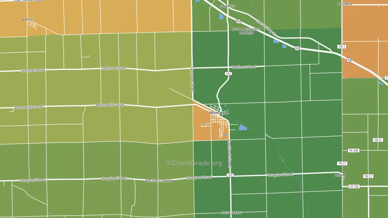 Monroeville, IN Map of Burglary Rates