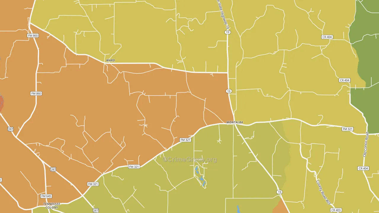Montalba, TX Map of Burglary Rates