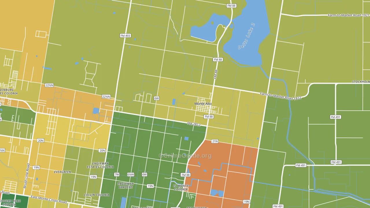 Monte Alto, TX Map of Burglary Rates
