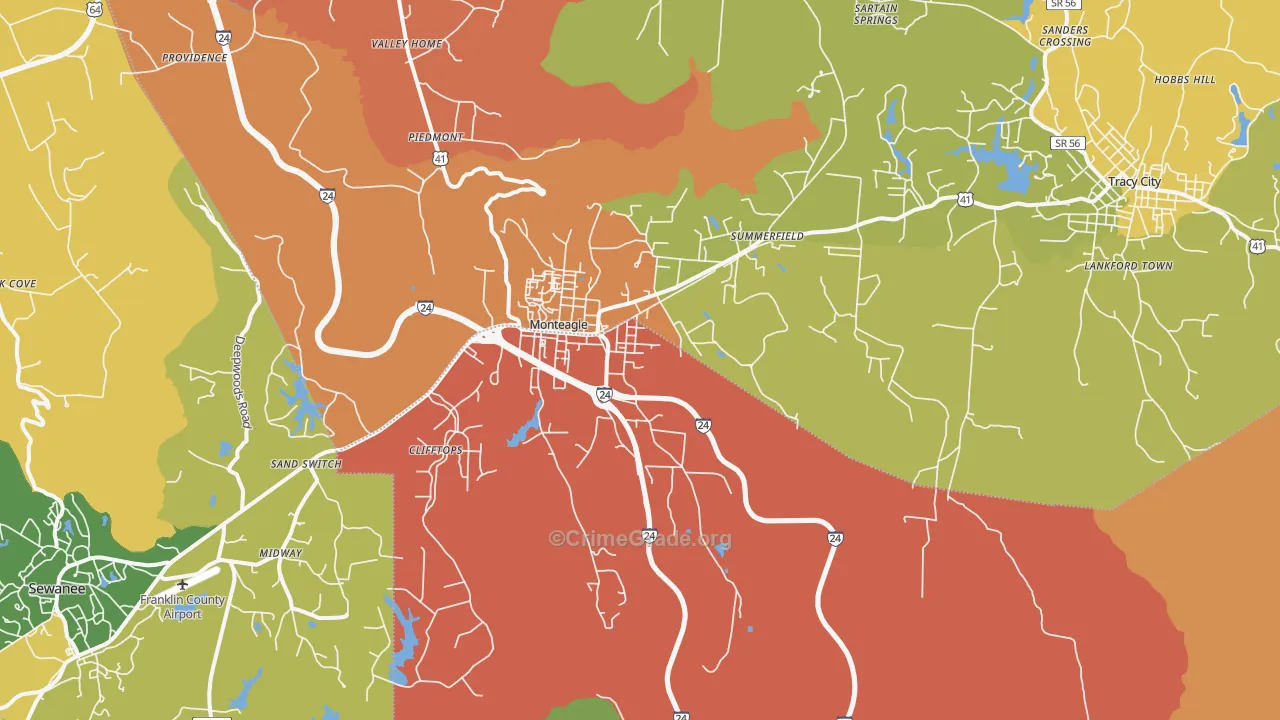 Monteagle, TN Map of Burglary Rates