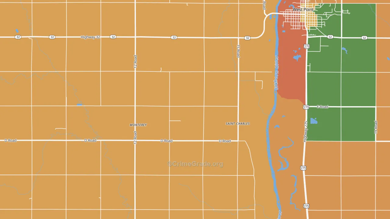 Monterey, NE Map of Burglary Rates