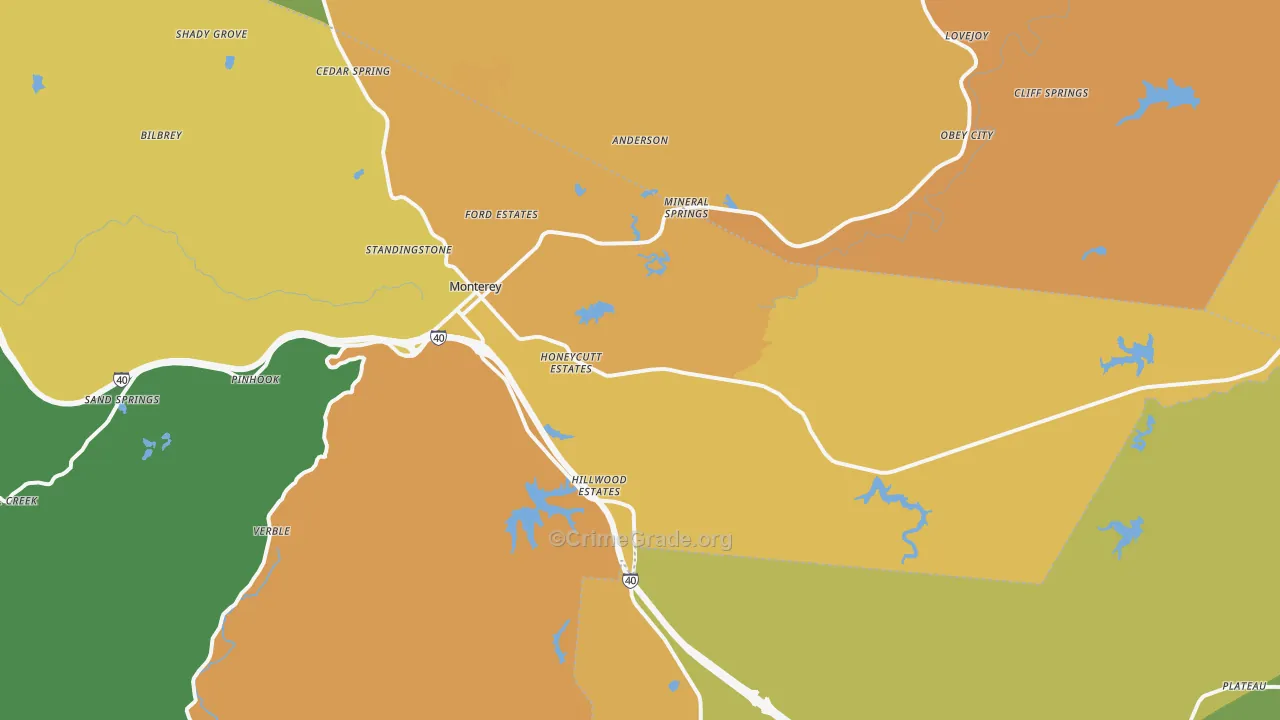 Monterey, TN Map of Burglary Rates