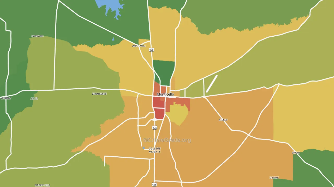 Monticello, AR Map of Burglary Rates