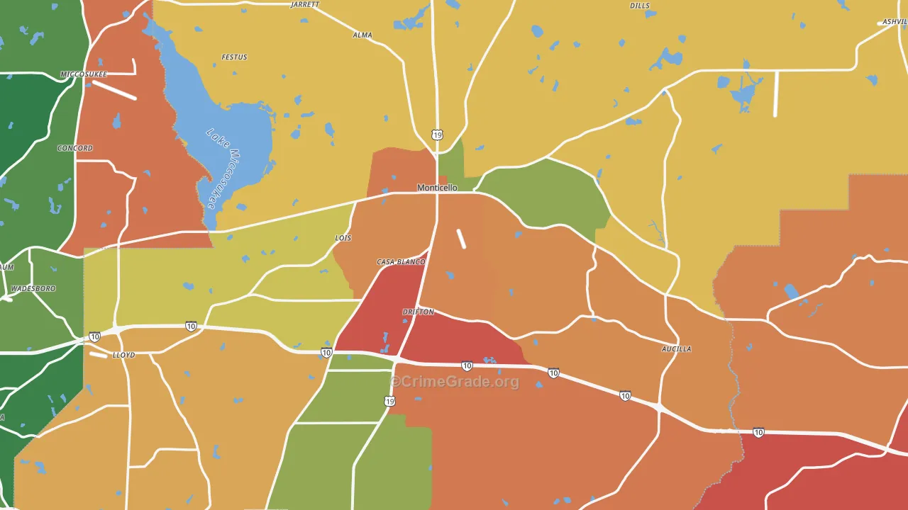 Monticello, FL Map of Burglary Rates