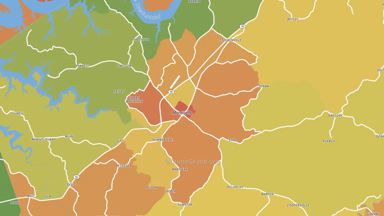 Monticello, KY Map of Burglary Rates