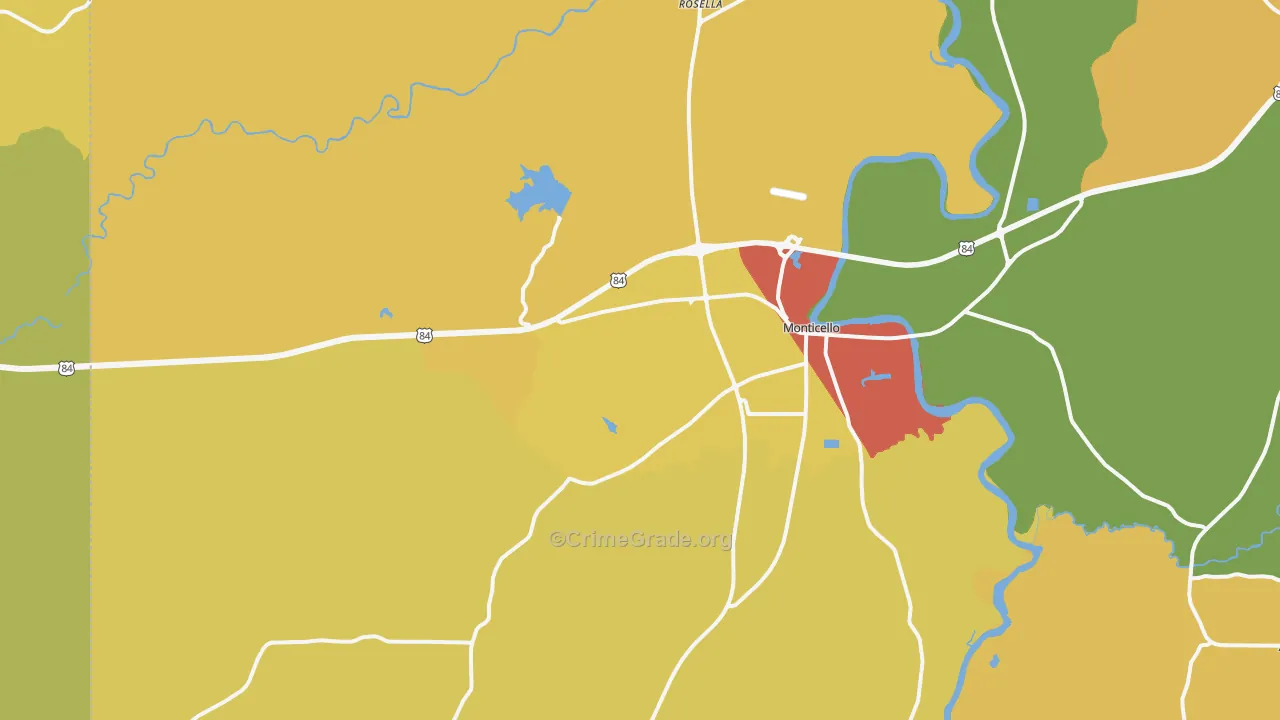 Monticello, MS Map of Burglary Rates
