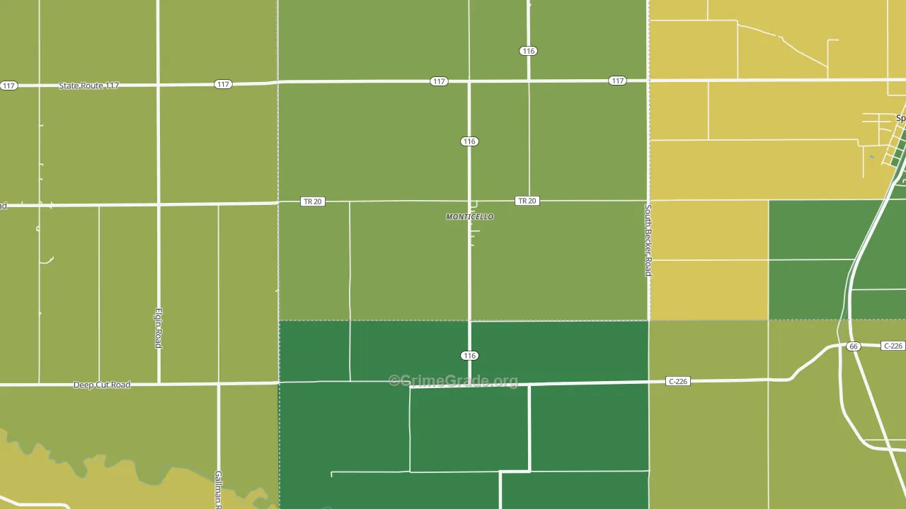 Monticello, OH Map of Burglary Rates