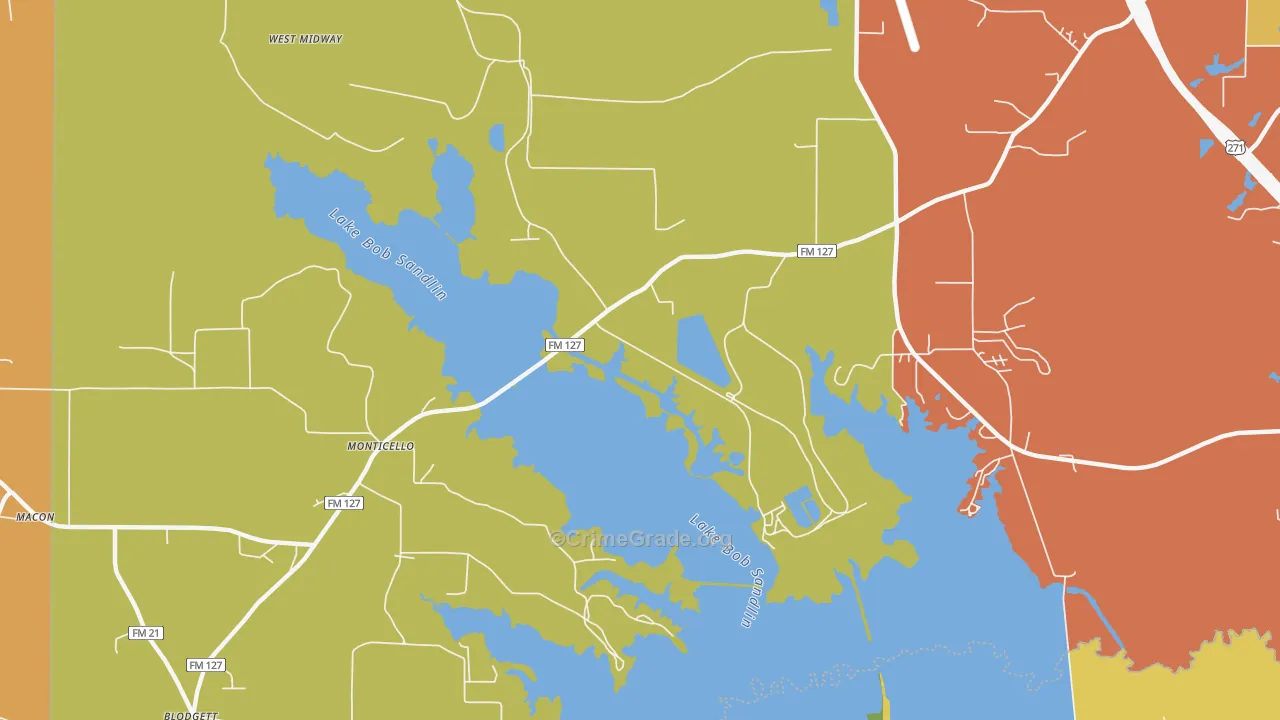 Monticello, TX Map of Burglary Rates