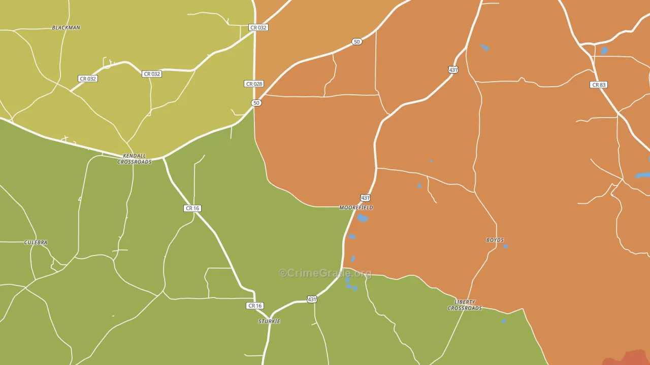 Moorefield, AL Map of Burglary Rates