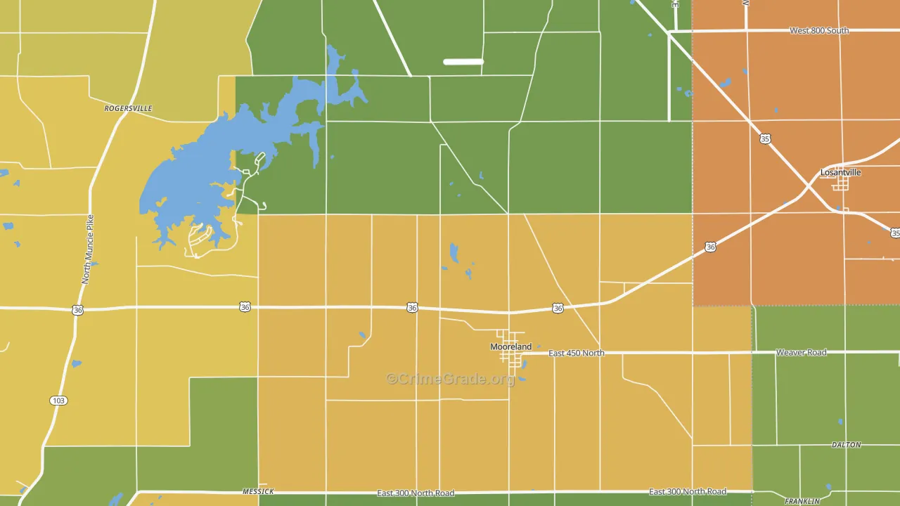 Mooreland, IN Map of Burglary Rates