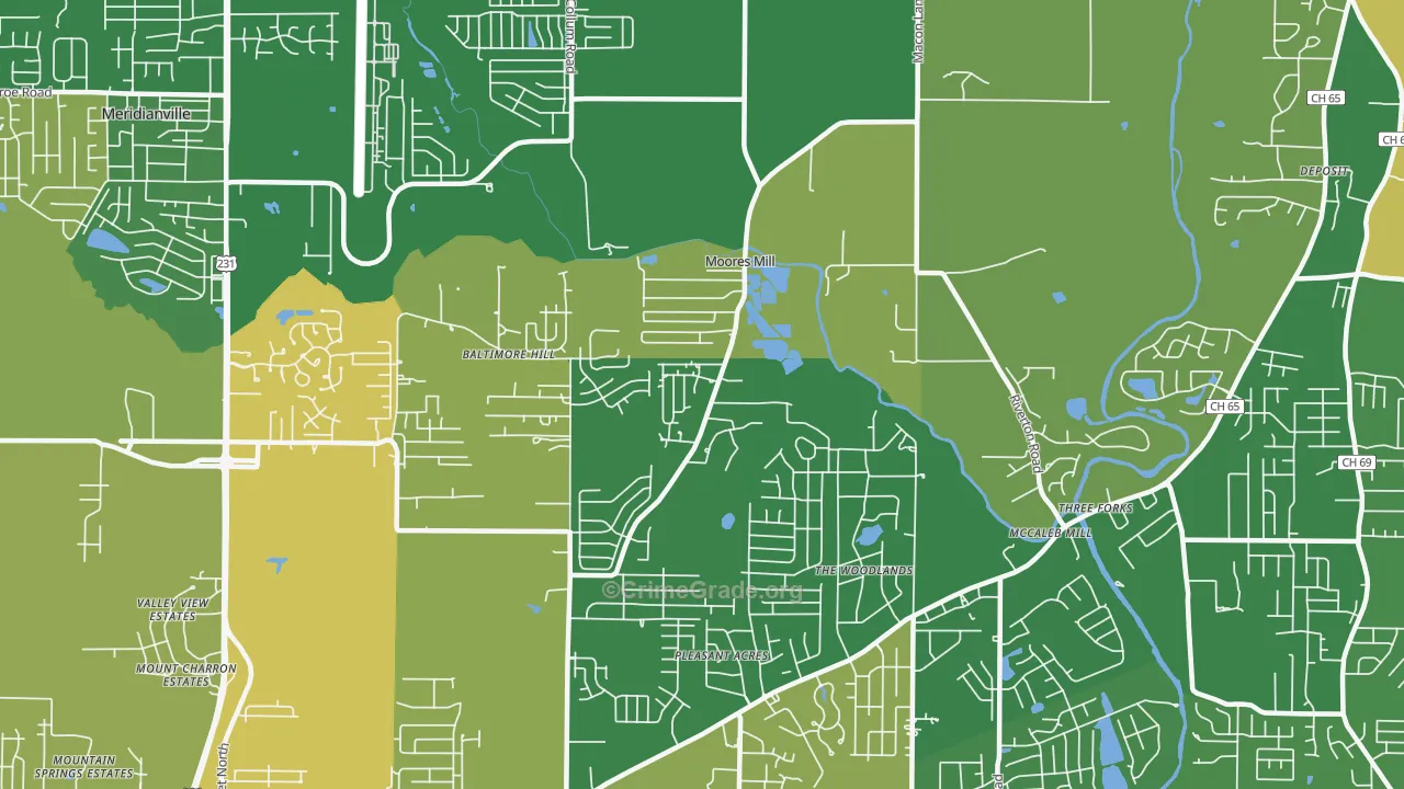 Moores Mill, AL Map of Burglary Rates