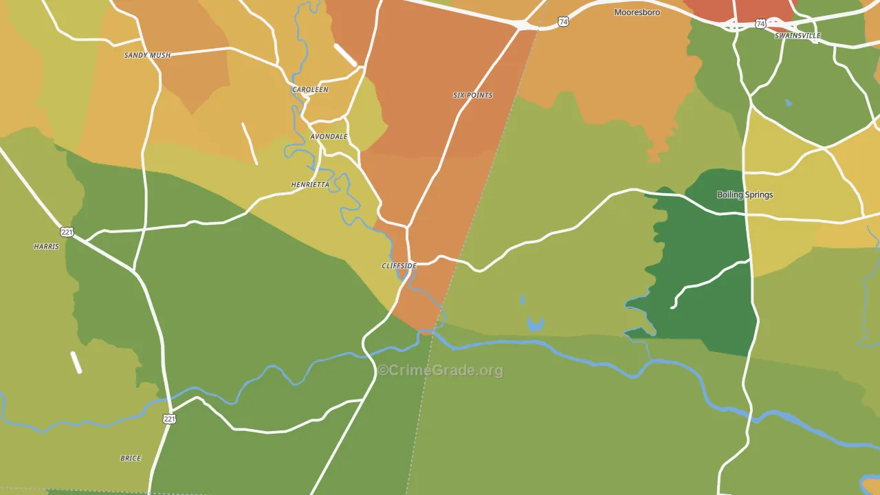 Mooresboro, NC Map of Burglary Rates
