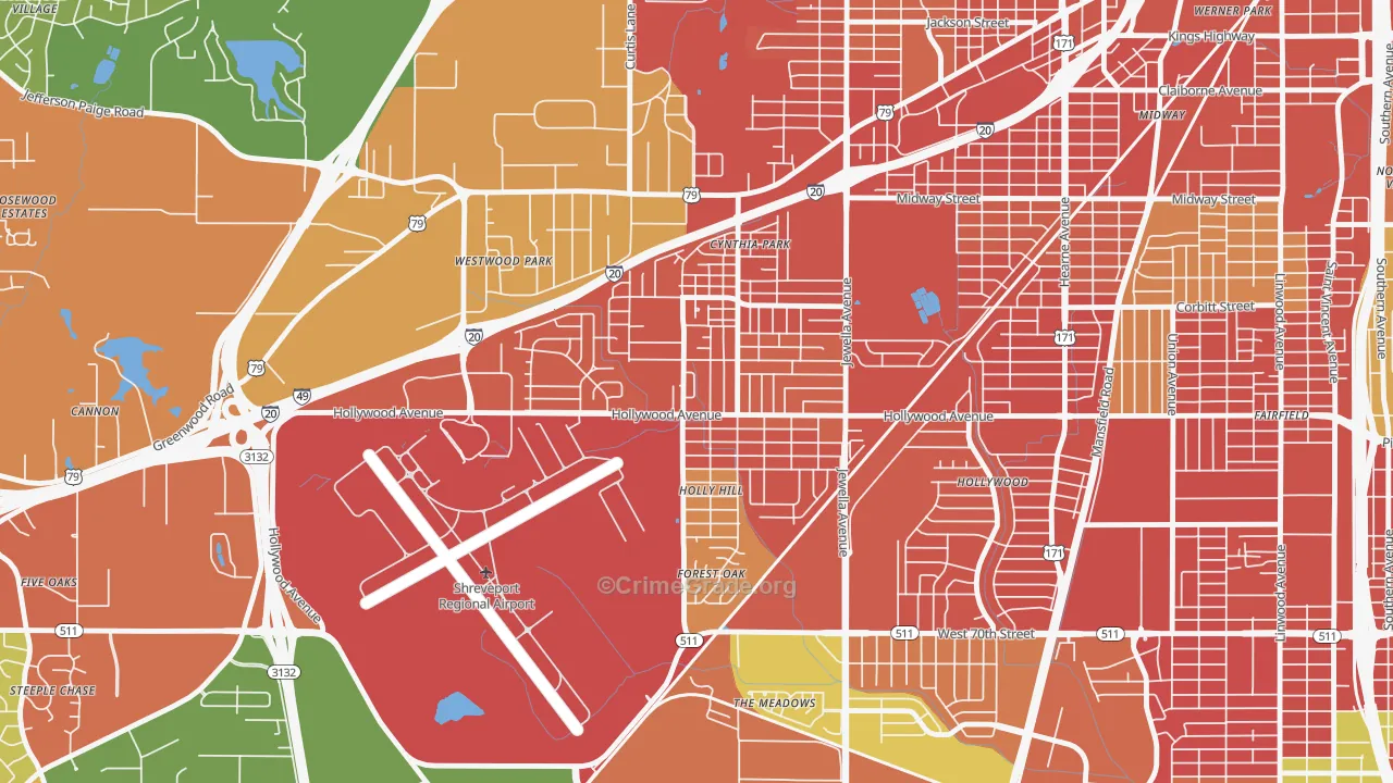 Mooretown and Hollywood Heights, Shreveport, LA Map of Burglary Rates