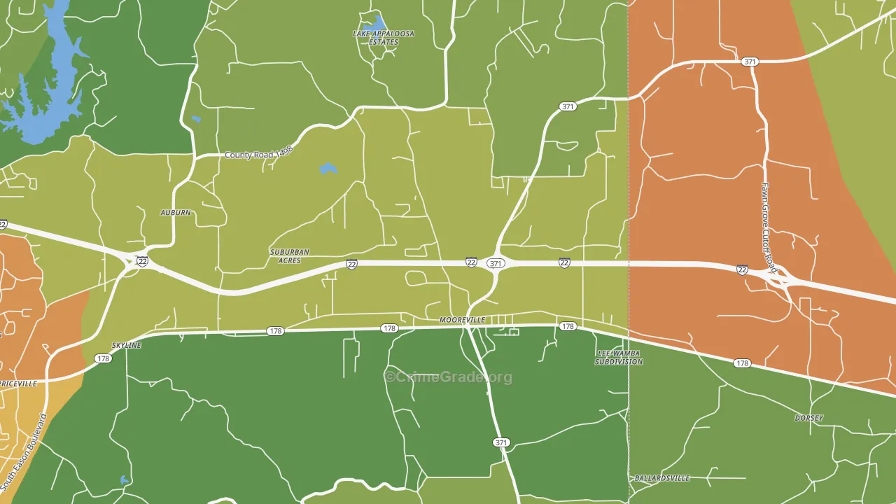 Mooreville, MS Map of Burglary Rates