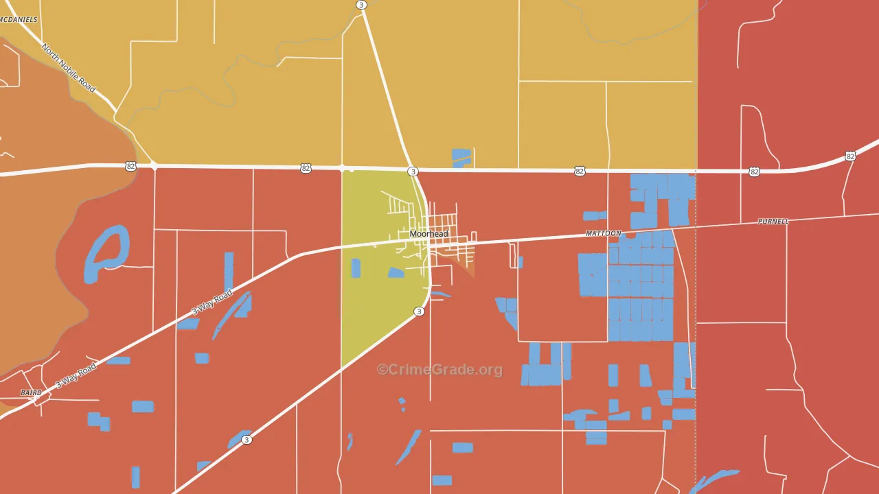 Moorhead, MS Map of Burglary Rates