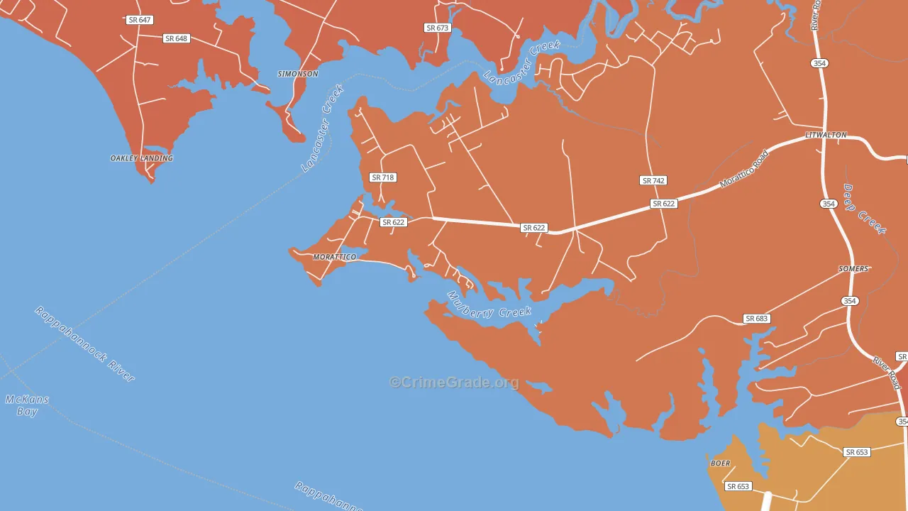 Morattico, VA Map of Burglary Rates