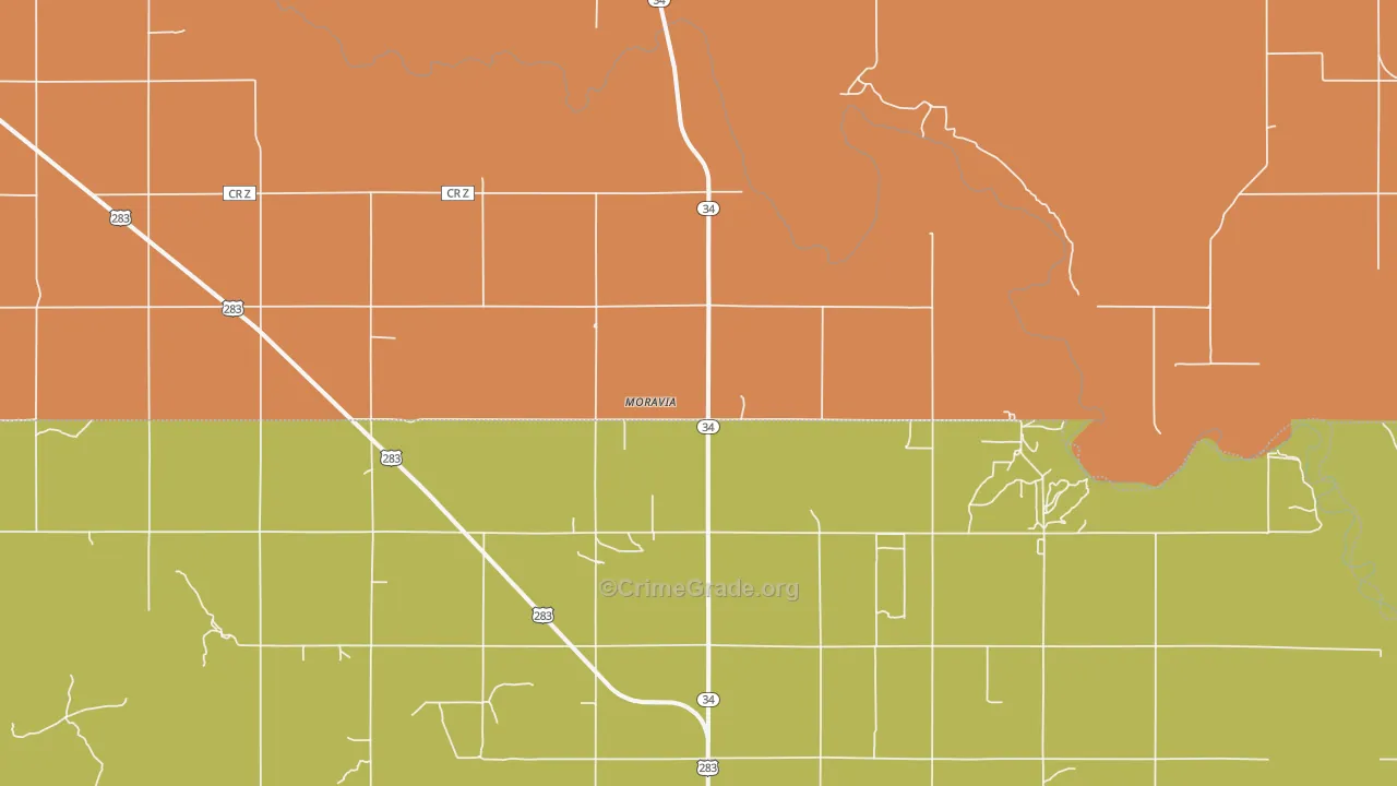 Moravia, OK Map of Burglary Rates