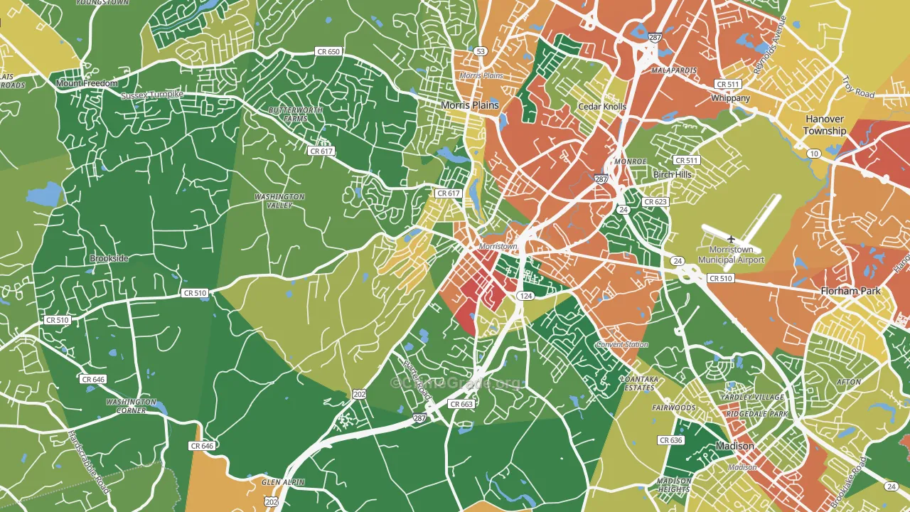 Morristown, NJ Map of Burglary Rates