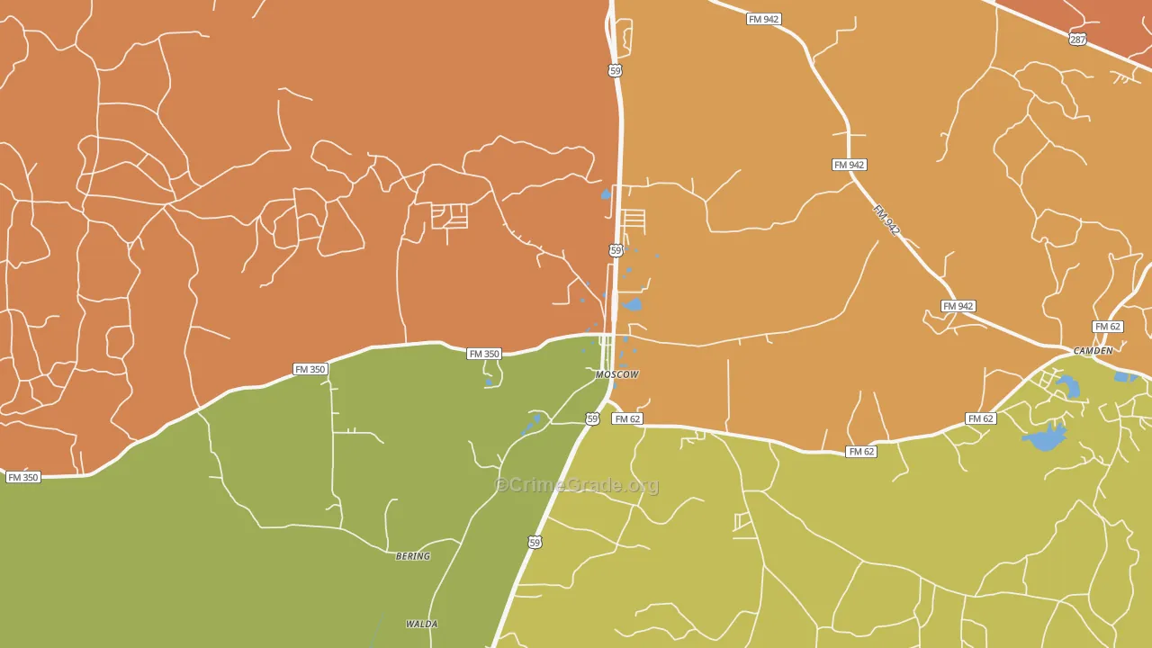 Moscow, TX Map of Burglary Rates