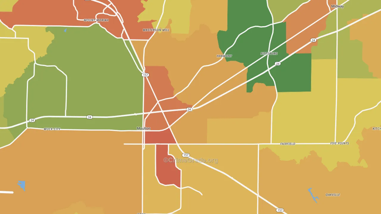 Moulton, AL Map of Burglary Rates