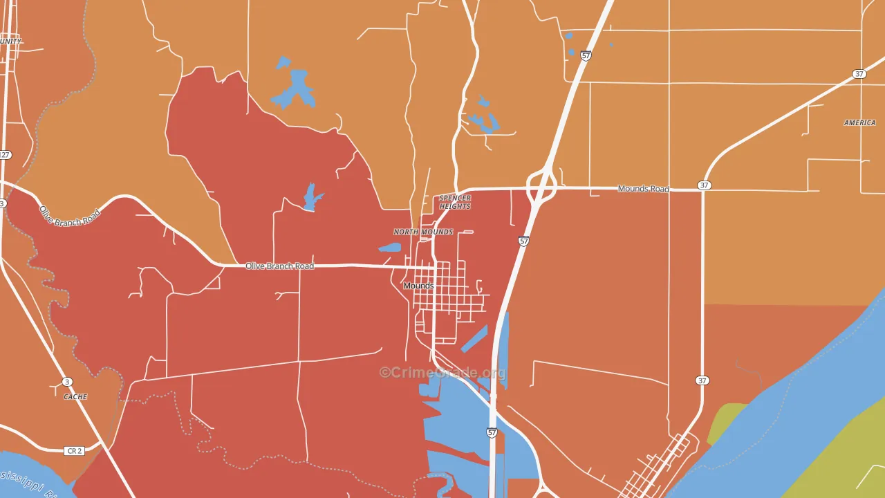 Mounds, IL Map of Burglary Rates