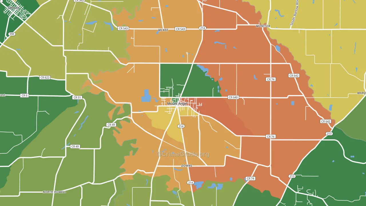Mount Angel, OR Map of Burglary Rates