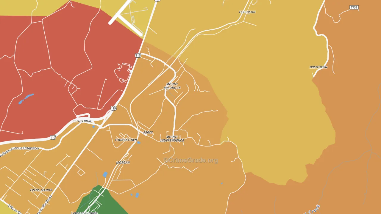 Mount Braddock, PA Map of Burglary Rates