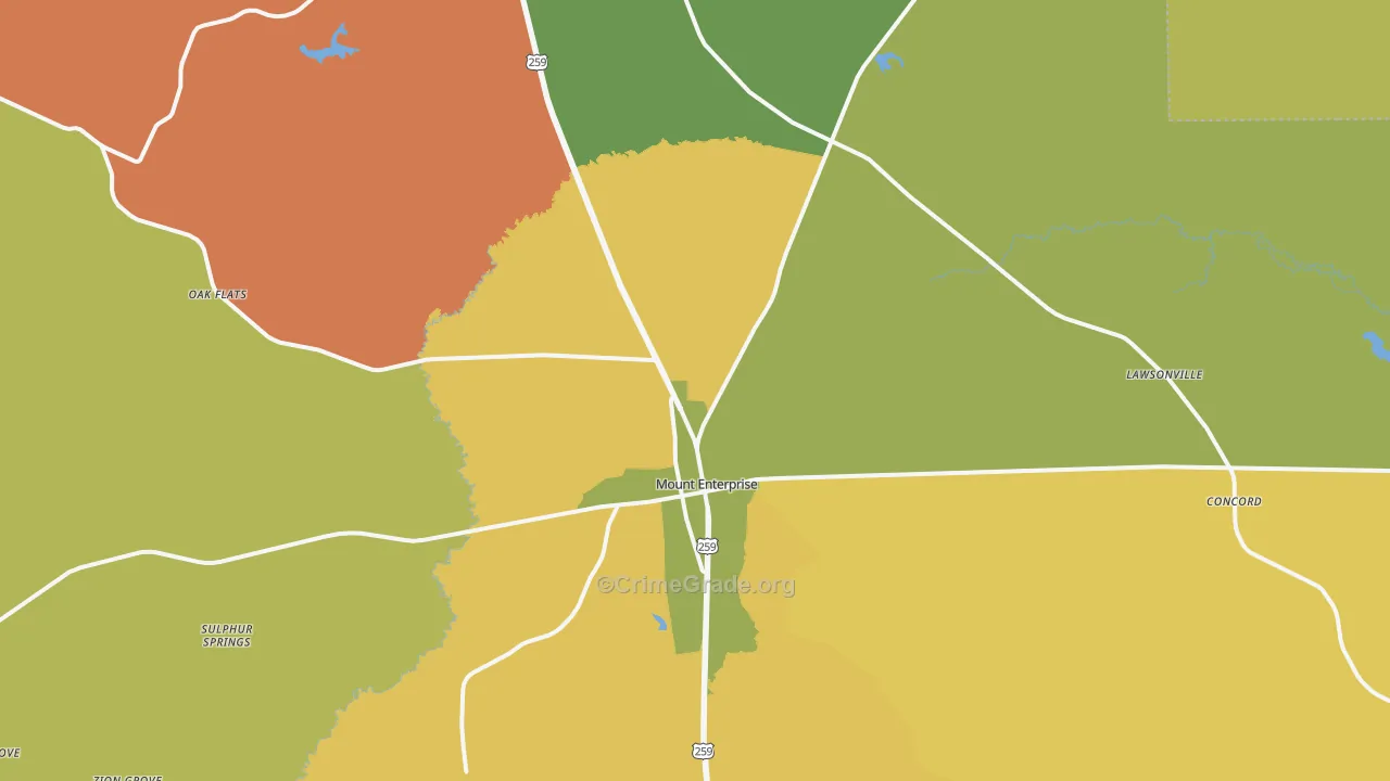 Mount Enterprise, TX Map of Burglary Rates