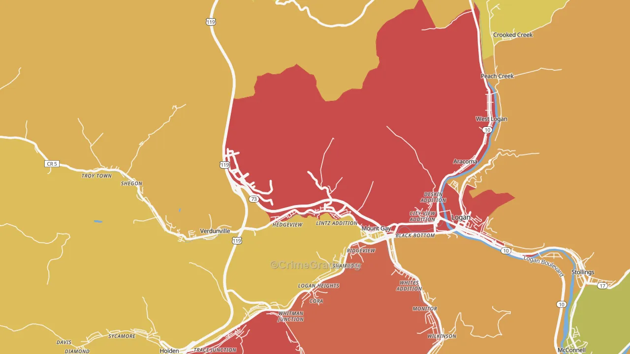 Mount Gay, WV Map of Burglary Rates