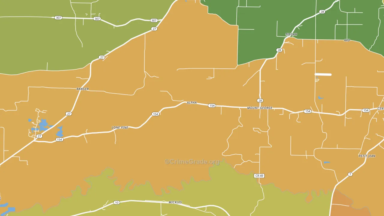 Mount George, AR Map of Burglary Rates