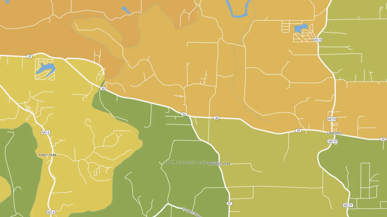 Mount Hope, MO Map of Burglary Rates