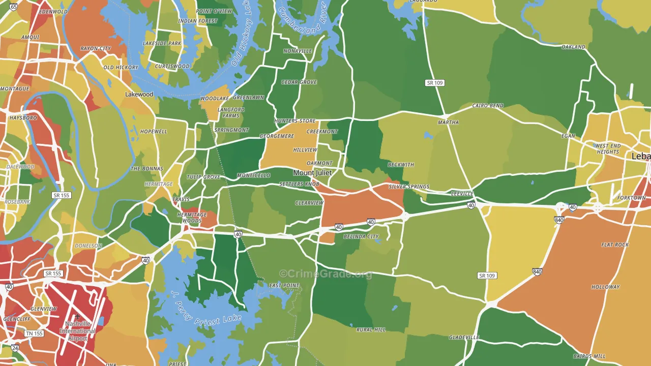 Mount Juliet, TN Map of Burglary Rates